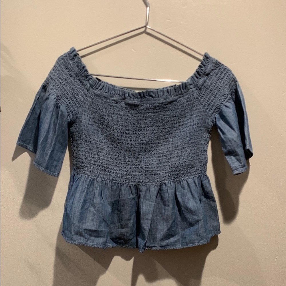 New Look Petite Denim Off-Shoulder Smocked Peplum Top Women’s Blouse US Size 6